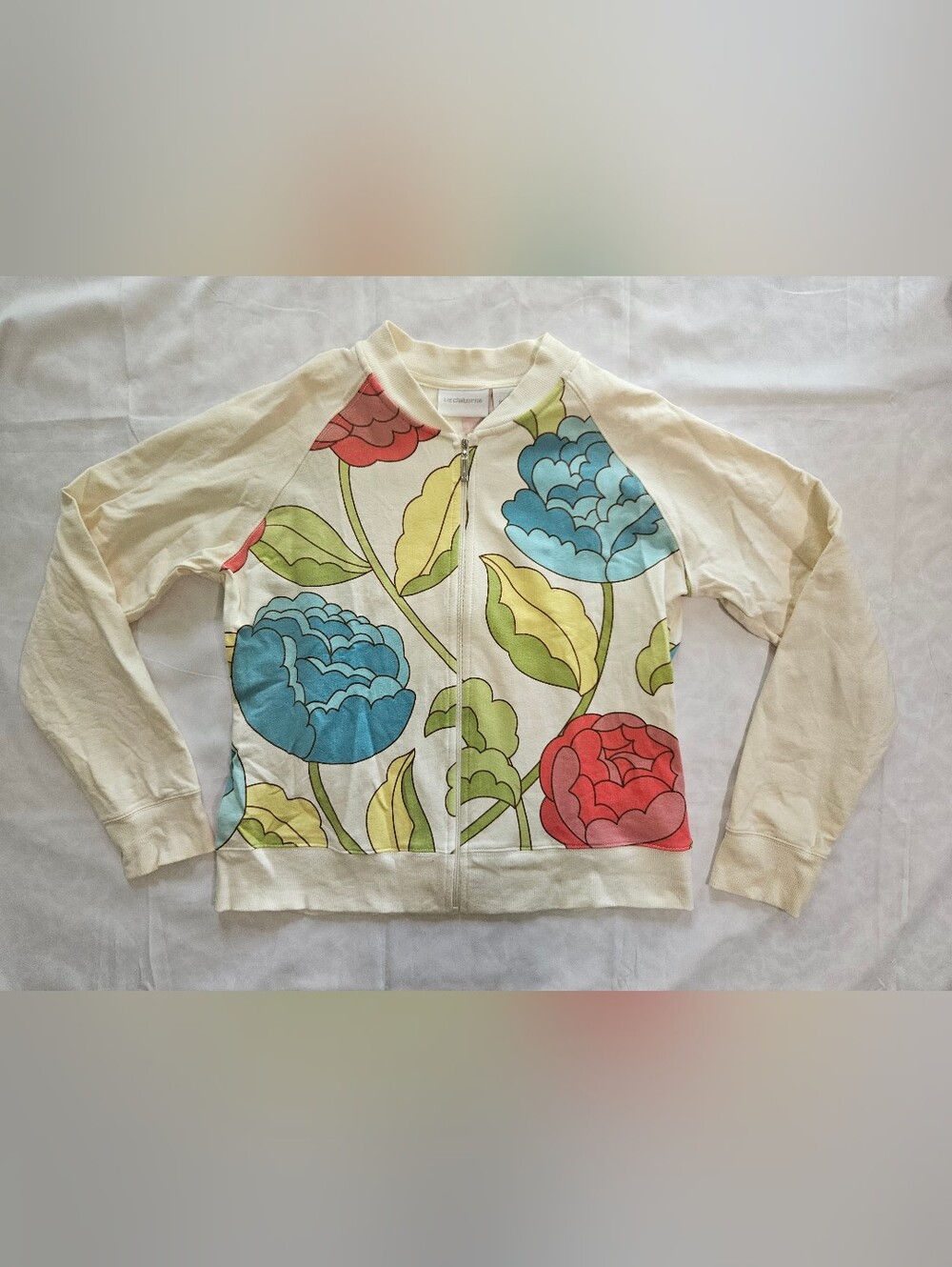 Liz Claiborne Womens L Cream Floral Full Zip Jacket Sweatshirt Red Blue Flowers